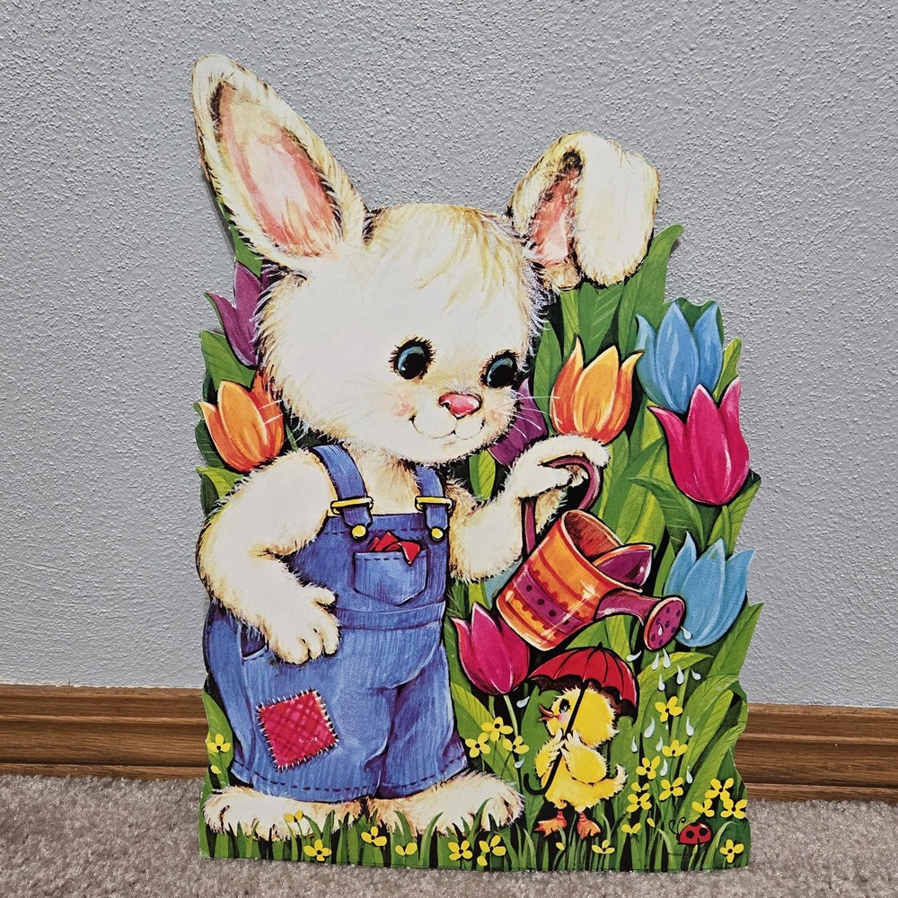 Vintage Easter Bunny Cardboard Die Cut Tulips Chick Water Can Flowers Lady Bug